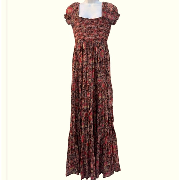 FREE PEOPLE Red Floral Getaway Maxi Dress Smocked Tiered Boho Peasant XS - Picture 3 of 9